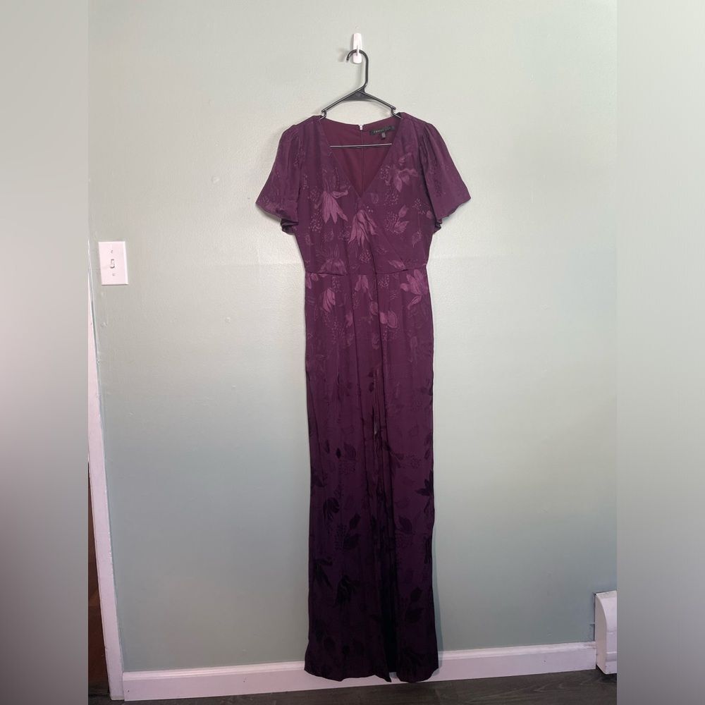Forest Lily Plum Floral Design Flutter Sleeve Wide Leg Jumpsuit Size 4
